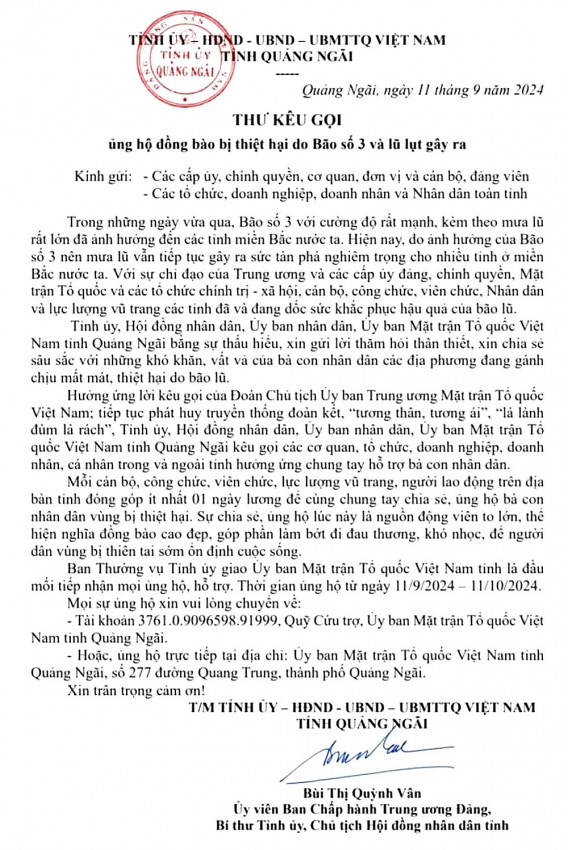 Cũng trong sáng cùng ngày, thay mặt Tỉnh ủy, HĐND, UBND, Ủy ban MTTQ Việt Nam tỉnh Quảng Ngãi, Bí thư Tỉnh ủy, Chủ tịch HĐND tỉnh Quảng Ngãi Bùi Thị Quỳnh Vân đã có Thư kêu gọi ủng hộ đồng bào bị thiệt hại do bão số 3 và lũ lụt gây ra.