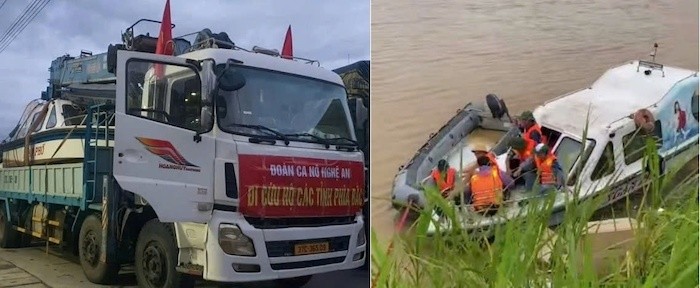 Đoàn của Câu lạc bộ Cano - mô tô nước Nghệ An giúp Yên Bái vận chuyển hàng cứu trợ đến với bà con bị nước lũ cô lập