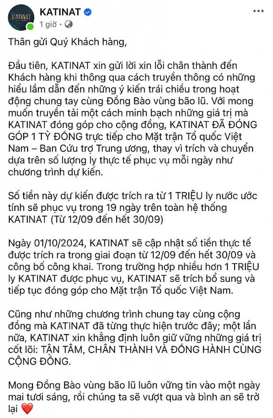 Ủng hộ đồng bào bị lũ lụt 1 tỷ đồng, vì sao KATINAT vẫn nhận 'bão' chỉ trích?