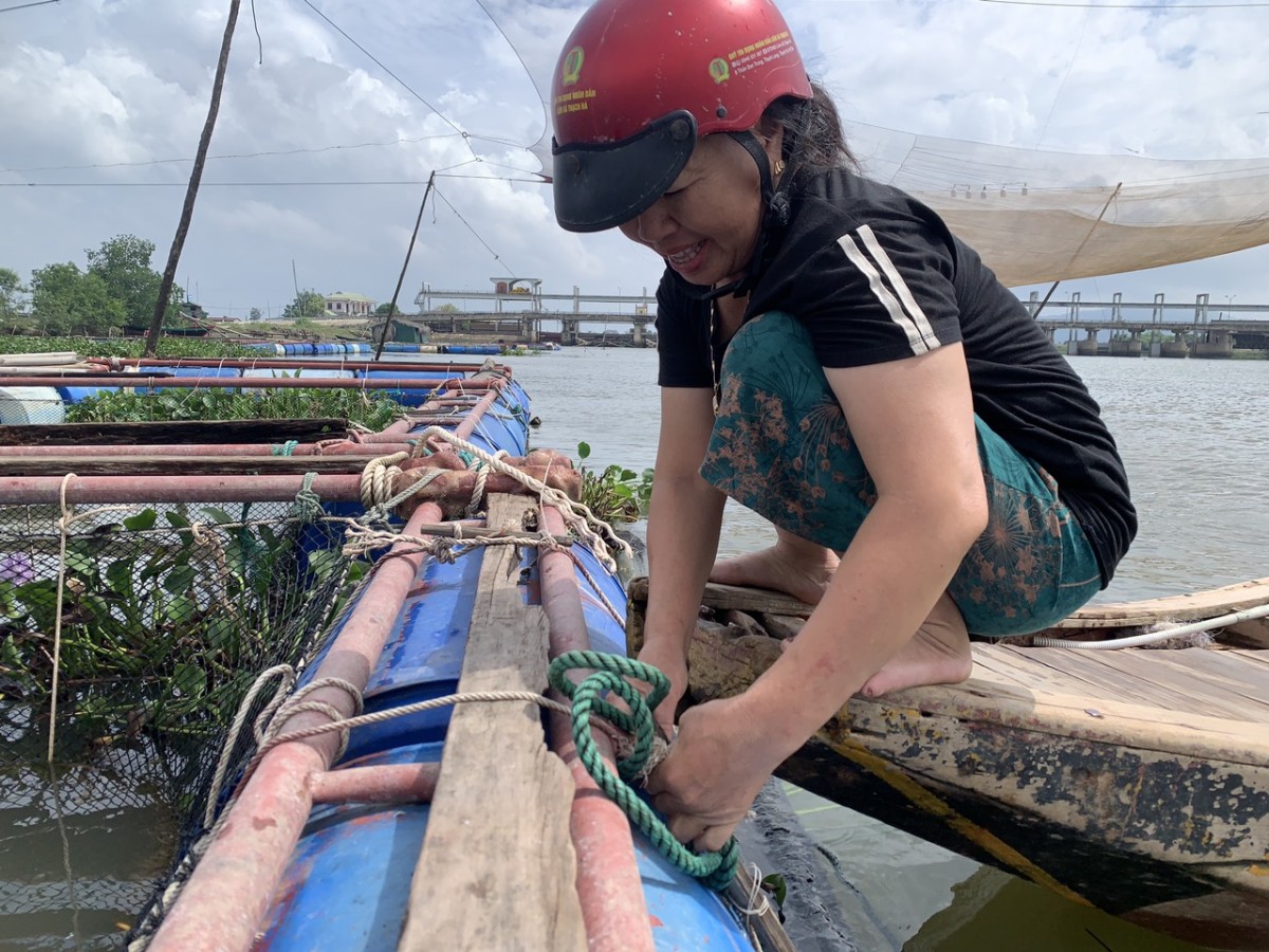 Người dân dùng dây thừng chằng chéo để tránh lồng bè được chắc chắn hơn