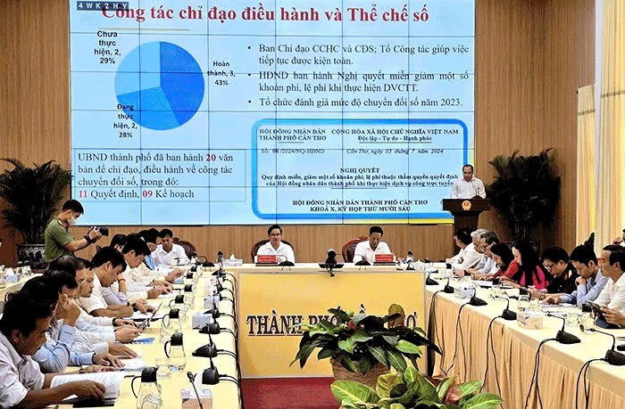 Lãnh đạo Sở Thông tin và Truyền thông TP Cần Thơ báo cáo kết quả CÐS thành phố tại hội nghị sơ kết mới đây.