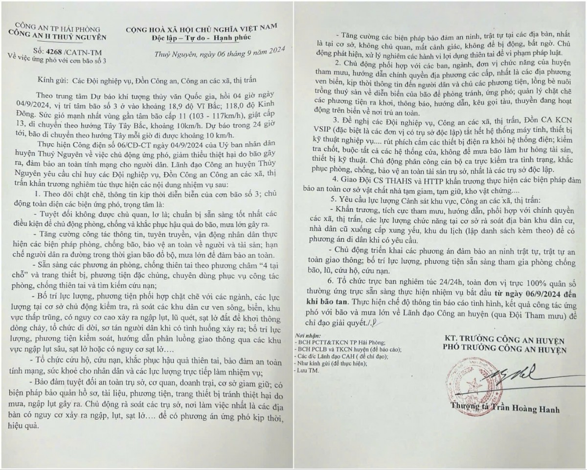 Văn bản chỉ đạo phòng chống khắc phục bão số 3 của Công an huyện Thủy Nguyên cụ thể sâu sát quyết liệt