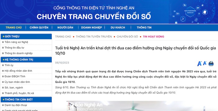 Chuyên trang Chuyển đổi số trên Cổng thông tin điện tử tỉnh Nghệ An