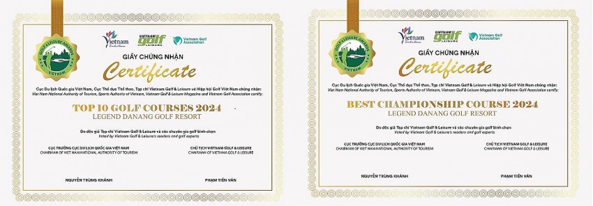 Giấy chứng nhận giải thưởng của sân gôn Legend Danang Golf Resort tại Vietnam Golf & Leisure Awards 2024 Legend Danang Golf Resort lần thứ 2 liên tiếp được vinh danh Top 10 Sân gôn tốt nhất Việt Nam