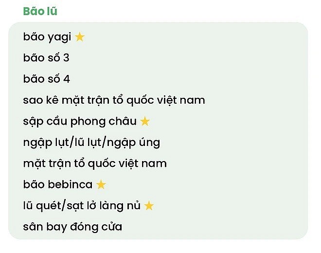 Người dùng Cốc Cốc đã đổ xô tìm kiếm các thông tin về bão và những thiệt hại do thiên tai gây ra, với từ khóa “bão Yagi” và “bão số 3” dẫn đầu xu hướng.