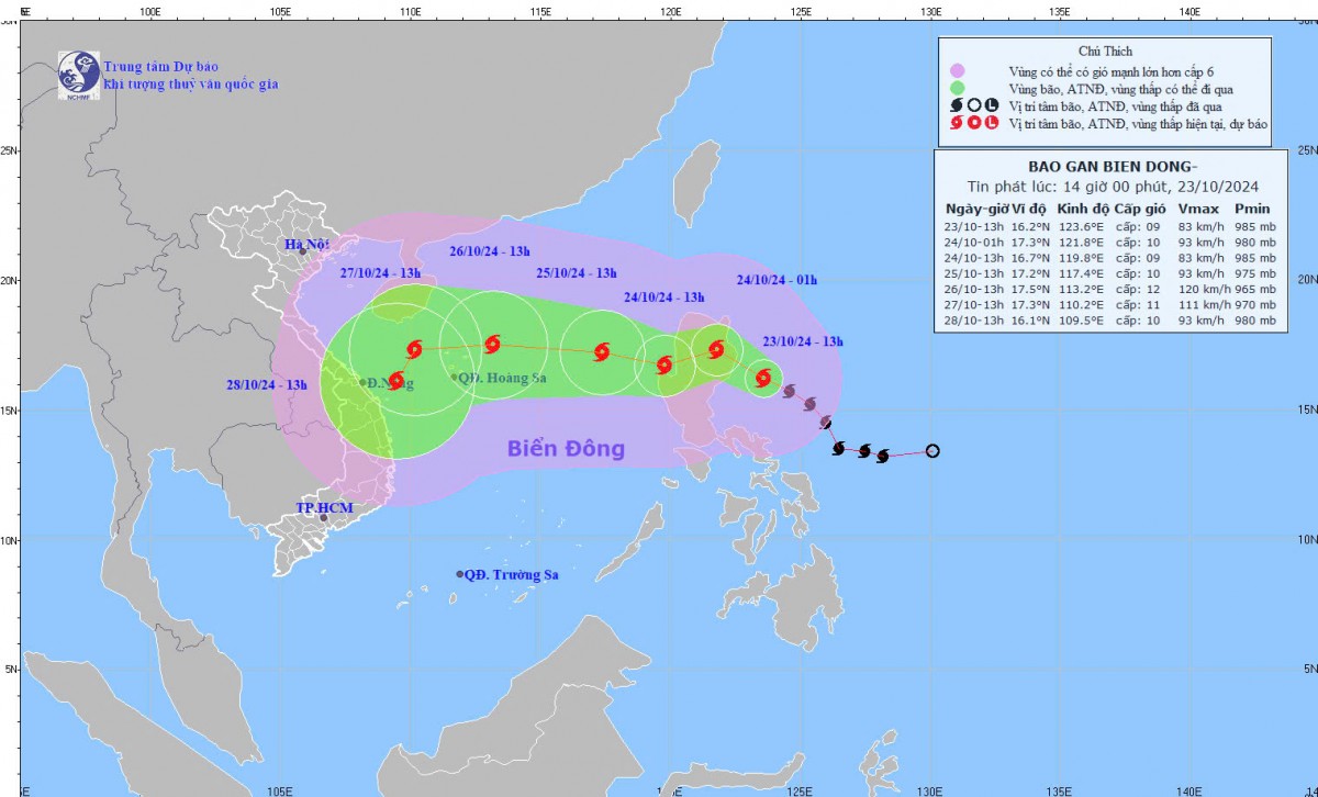 Hướng di chuyển của cơn bão Trà Mi ngày 23/10/2024.