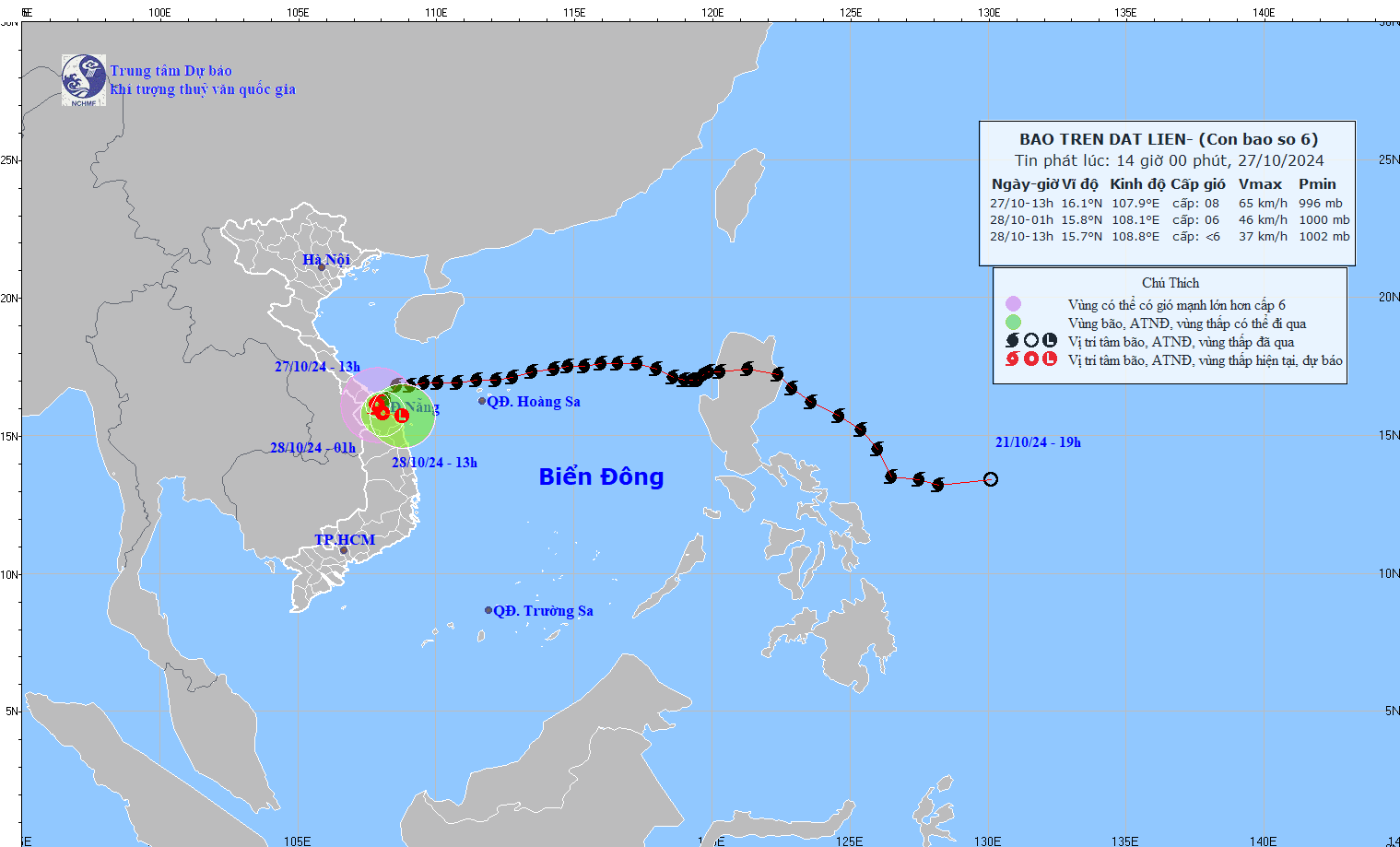 Hướng di chuyển của cơn bão Trà Mi trên Biển Đông (Ngày 27/10/2024).