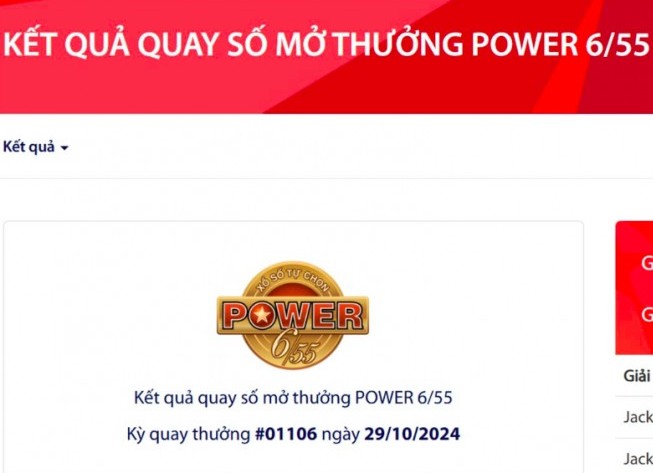 Tối 29/10, có thêm 1 khách hàng trúng Vietlott Power 6/55 hơn 3,9 tỷ đồng