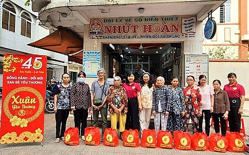 Bà Lê Thị Mỹ Dung– Phó giám đốc Công ty (thứ năm từ trái qua) và BàPhan Minh Ngữ– Phó Chủ tịch Công đoàn cơ sở Công ty (thứ nhất từ phải qua) trao tặng quà cho người bán vé số lẻ tại Đồng Nai