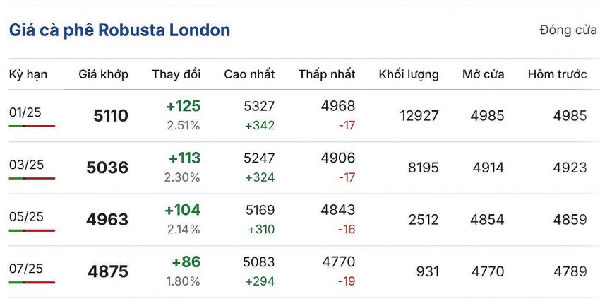 Giá cà phê hôm nay 26/11/2024: Giá cà phê robusta tăng vượt mốc 5.000 USD/tấn