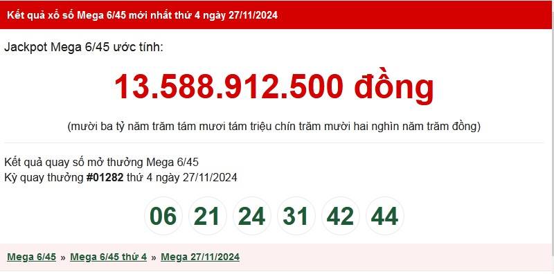 Vietlott 27/11, Kết quả xổ số Vietlott hôm nay 27/11, Xổ số Mega 6/45 ngày 27/11/2024. Vietlott 27/11, Kết quả xổ số Vietlott hôm nay 27/11, Xổ số Mega 6/45 ngày 27/11/2024.