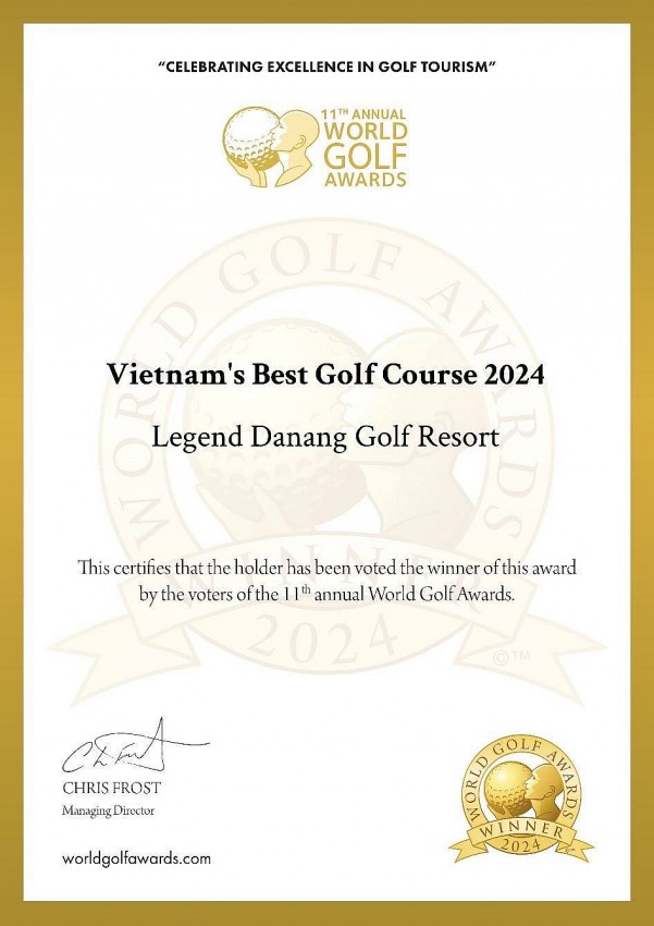 Chứng nhận giải thưởng Sân gôn Tốt nhất Việt Nam 2024 mà World Golf Awards dành cho Legend Danang Golf Resort Legend Danang Golf Resort được vinh danh Sân gôn Tốt nhất Việt Nam 2024