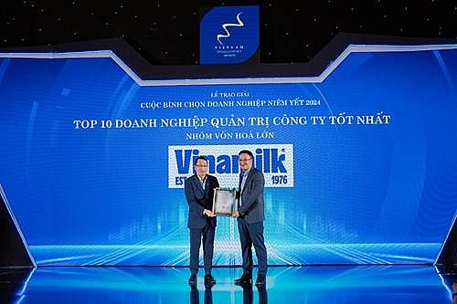 Đại diện Vinamilk (bên trái) đón nhận danh hiệu Top 10 Doanh nghiệp Quản trị công ty tốt nhất (nhóm vốn hóa lớn) năm thứ 10 liên tiếp. Đại diện Vinamilk (bên trái) đón nhận danh hiệu Top 10 Doanh nghiệp Quản trị công ty tốt nhất (nhóm vốn hóa lớn) năm thứ 10 liên tiếp.