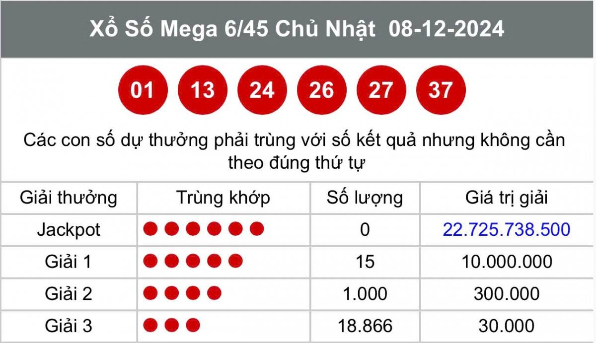 Vietlott 8/12, Kết quả xổ số Vietlott hôm nay 8/12, Xổ số Mega 6/45 ngày 8/12/2024.