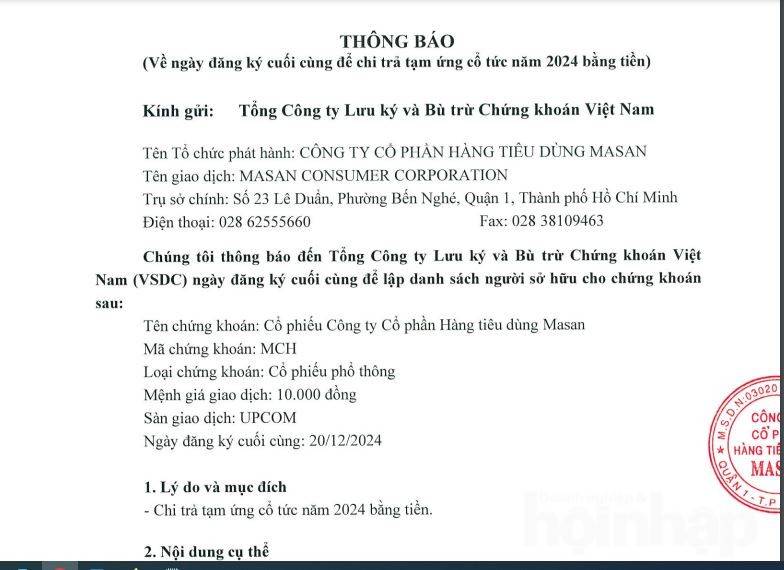 Masan Consumer sẽ trả cổ tức năm 2024 bằng tỷ lệ lên tới 95%