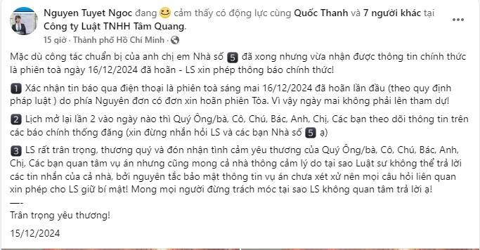 Thông báo chính thức từ phía đại điện của bà Hồng Loan(Ảnh: FB nhân vật)