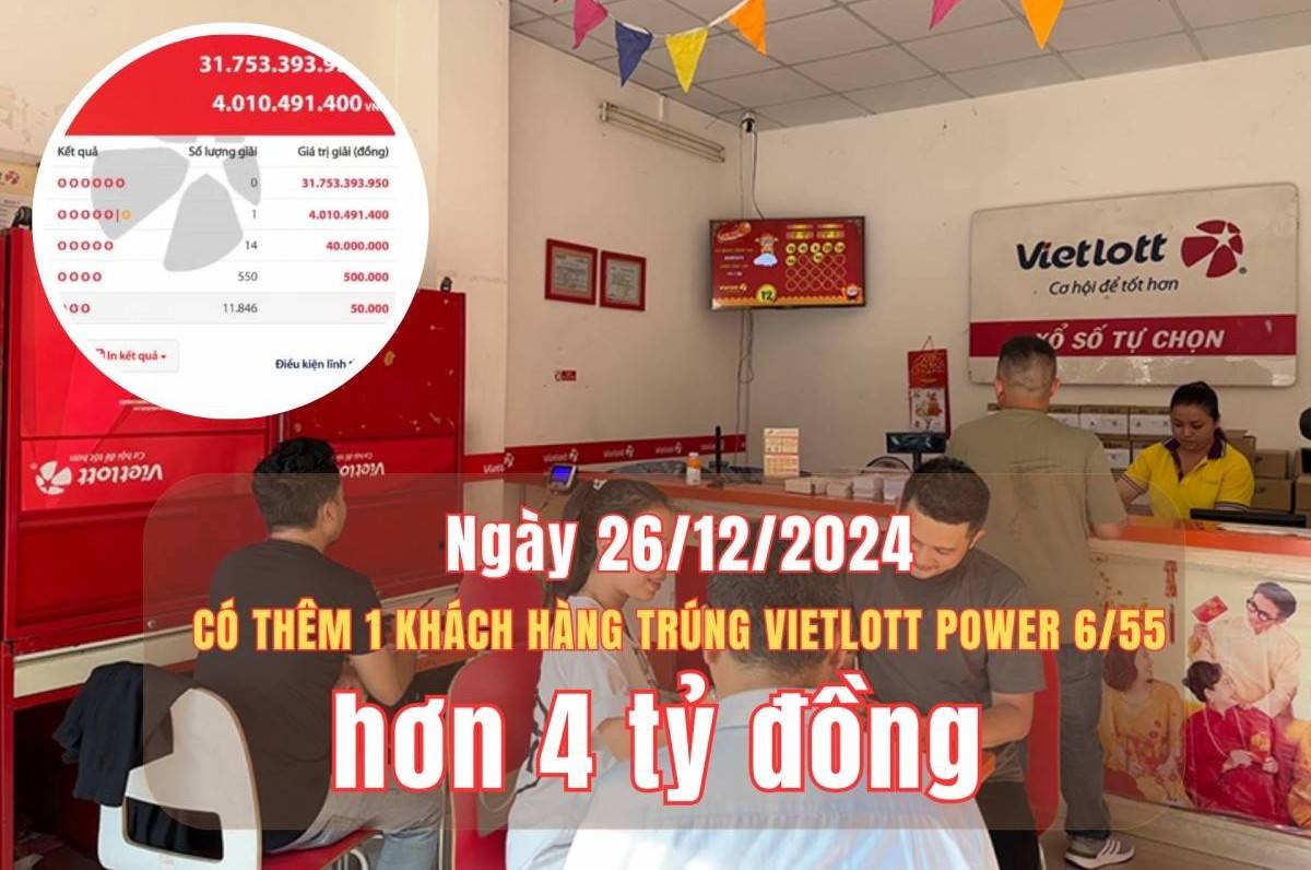 Tối 26/12, có thêm một khách hàng trúng Vietlott Power 6/55 hơn 4 tỷ đồng