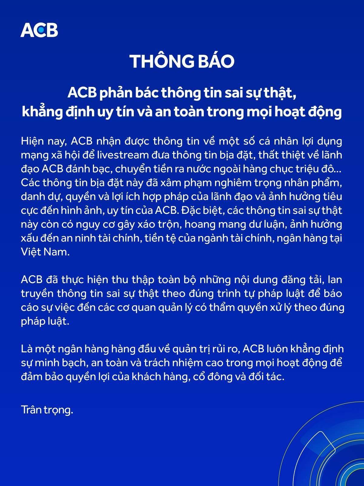 Thông báo của ACB liên quan đến tin đồn lãnh đạo ACB đánh bạc
