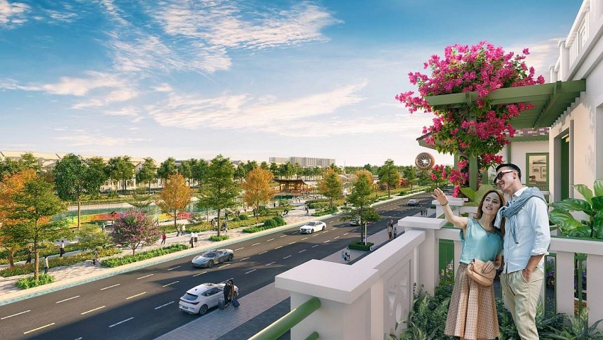 Biệt thự bám theo trục đại lộ cảnh quan rộng 150m mang tới tầm nhìn thoáng và không gian thư thái. Ảnh phối cảnh minh họa.