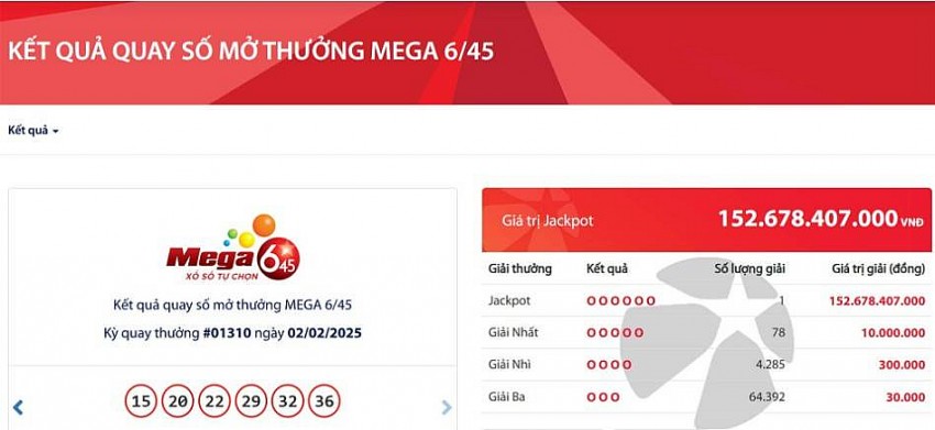 Kết quả xổ số Vietlott Mega 6/45 ngày 2/2/2025 Kết quả xổ số Vietlott Mega 6/45 ngày 2/2/2025