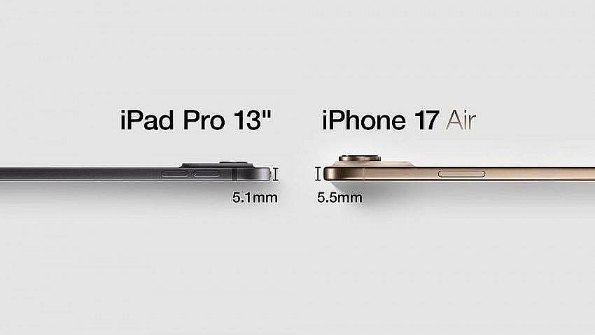 Ảnh dựng minh họa sự so sánh về độ mỏng giữa iPad Pro 13 inch và iPhone 17 Air. Ảnh: Macrumors.