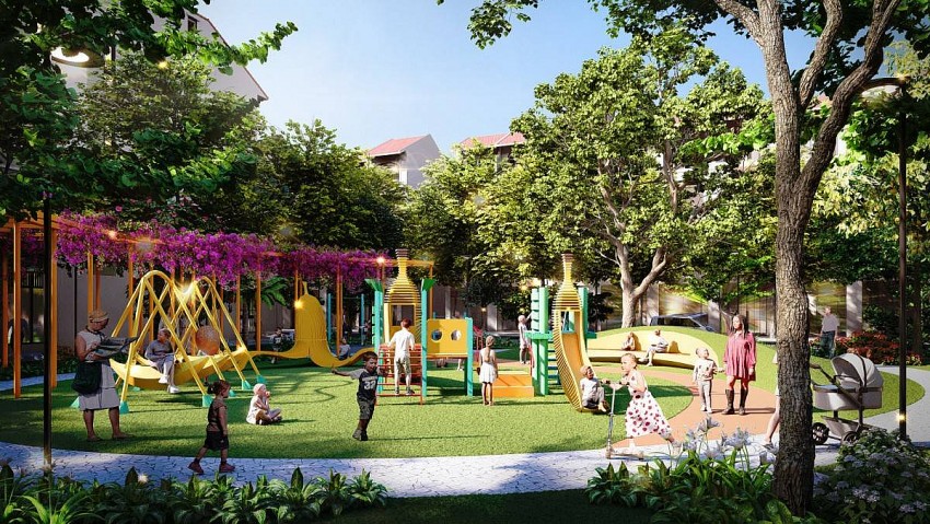 Vườn Đại Hoàng kết hợp tinh tế giữa nét đẹp truyền thống và phong cách hiện đại, tạo nên góc xanh thư giãn dành cho cả gia đình. Ảnh phối cảnh minh họa Sun Property. Vườn Đại Hoàng kết hợp tinh tế giữa nét đẹp truyền thống và phong cách hiện đại, tạo nên góc xanh thư giãn dành cho cả gia đình. Ảnh phối cảnh minh họa Sun Property.