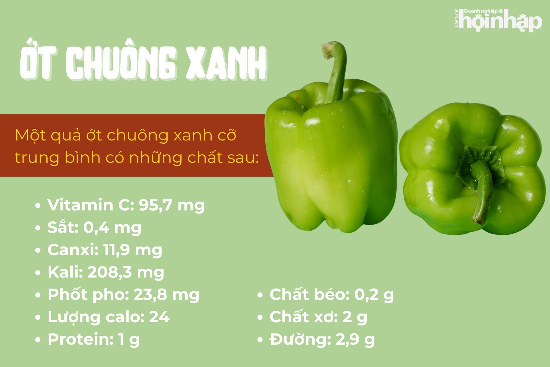 Thành phần các chất dinh dưỡng có lợi cho sức khoẻ trong ớt chuông xanh