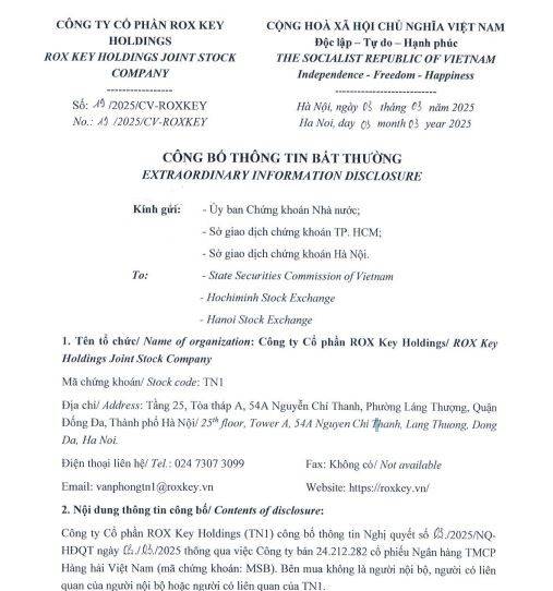 Rox Key Holdings muốn bán hơn 24 triệu cổ phiếu MSB