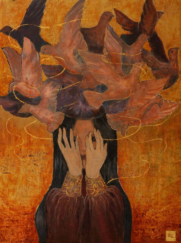  Tác phẩm Đối mặt (Sơn mài) của Vinser Phùng Khánh Linh