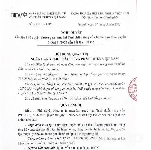 BIDV dự chi 12,271 tỷ đồng mua lại trái phiếu trước hạn