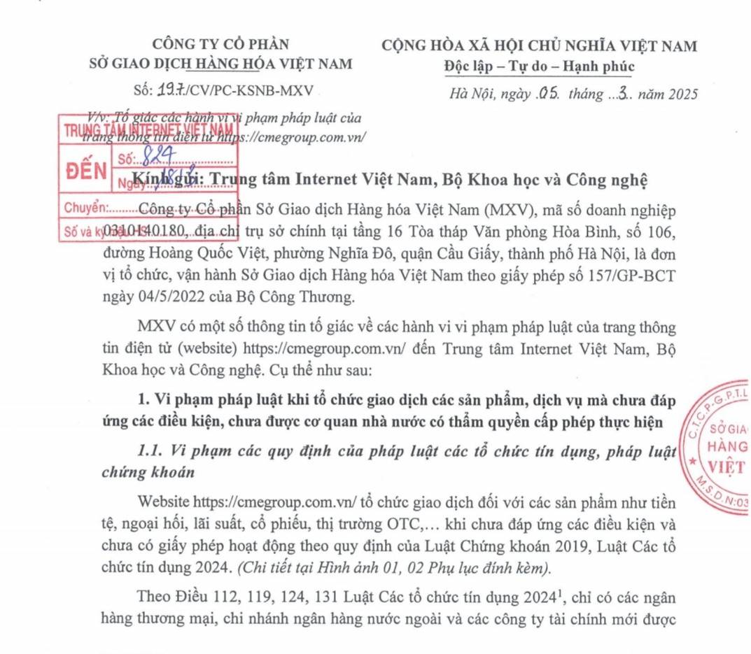 Trang web https://cmegroup.com.vn bị tố vi phạm pháp luật