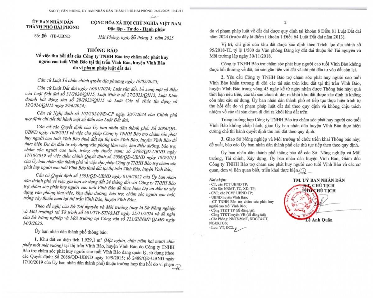 UBND TP. Hải Phòng vừa ban hành Thông báo 86/TB-UBND về việc thu hồi đất của Công ty TNHH Bảo trợ chăm sóc phát huy người cao tuổi Vĩnh Bảo, tại thị trấn Vĩnh Bảo, huyện Vĩnh Bảo do vi phạm pháp luật đất đai.