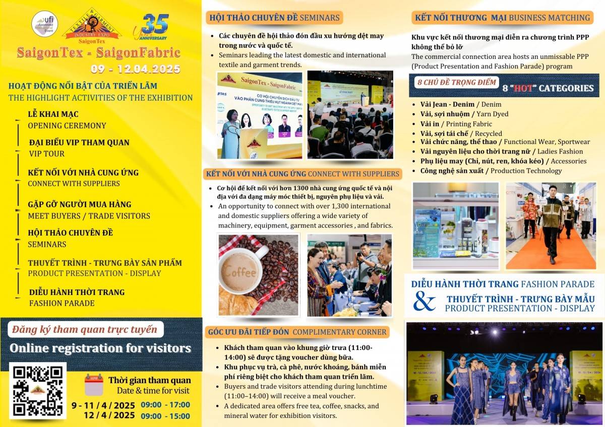 Triển lãm quốc tế ngành công nghiệp dệt & may, thiết bị, nguyên phụ liệu & vải (SaigonTex - SaigonFabric 2025) sẽ diễn ra từ ngày 09 - 12/4/2025