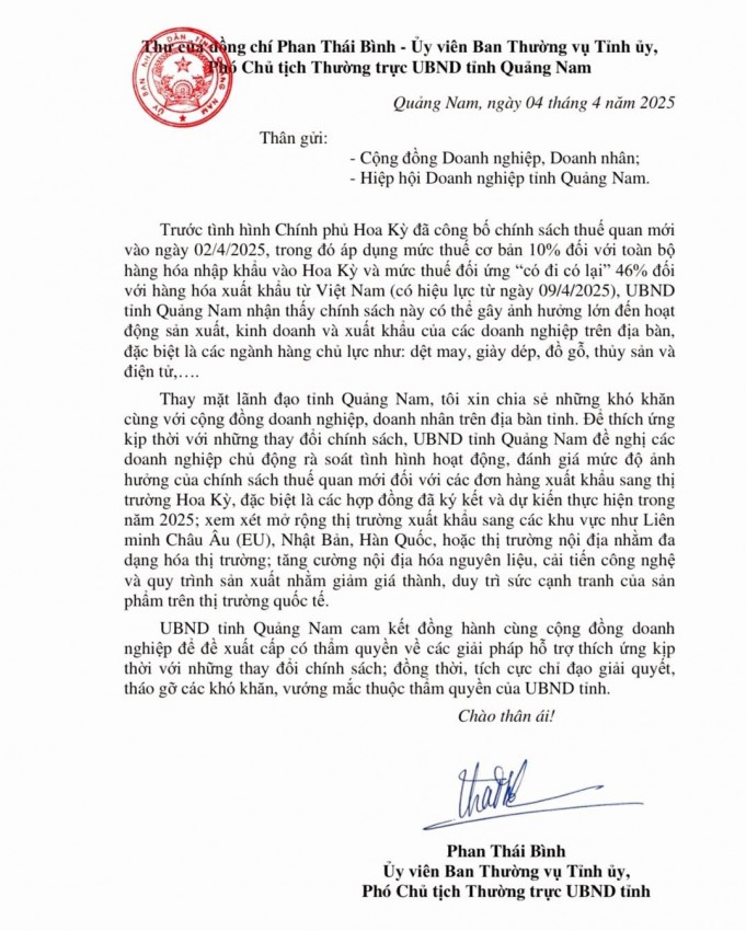 tỉnh Quảng Nam viết thư gửi cộng đồng doanh nghiệp, doanh nhân sau sự kiện Tổng thống Mỹ Donald Trump công bố mức thuế nhập khẩu với hơn 180 nền kinh tế.