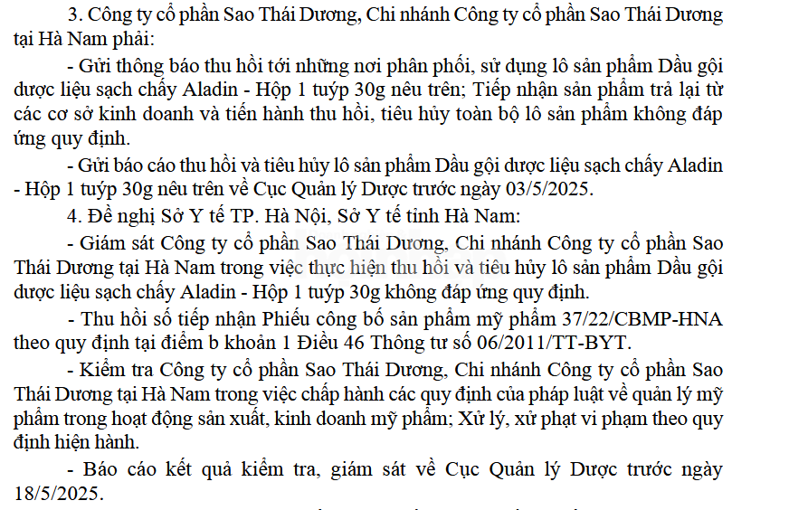 Thu hồi, tiêu hủy lô dầu gội Aladin của Công ty CP Sao Thái Dương do chứa chất 