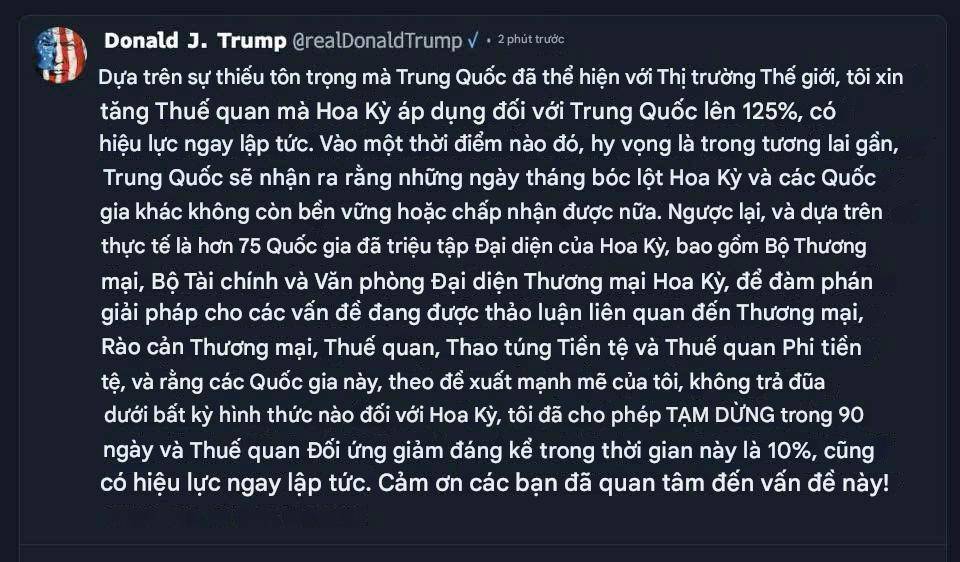 Mỹ hoãn áp thuế đối ứng 90 ngày với các nước, tăng thuế lên 125% với Trung Quốc Mỹ hoãn áp thuế đối ứng 90 ngày với các nước, tăng thuế lên 125% với Trung Quốc