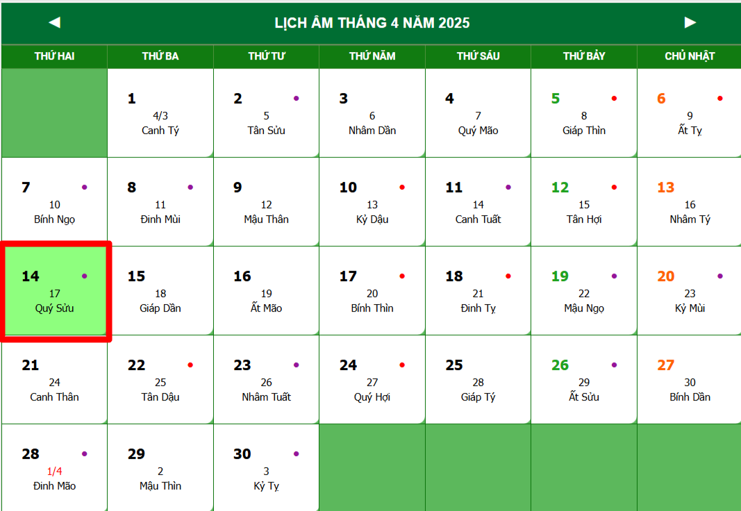 Lịch âm hôm nay 14/4 - Lịch âm ngày 14/4 - Lịch vạn niên 14/4/2025 chính xác nhất