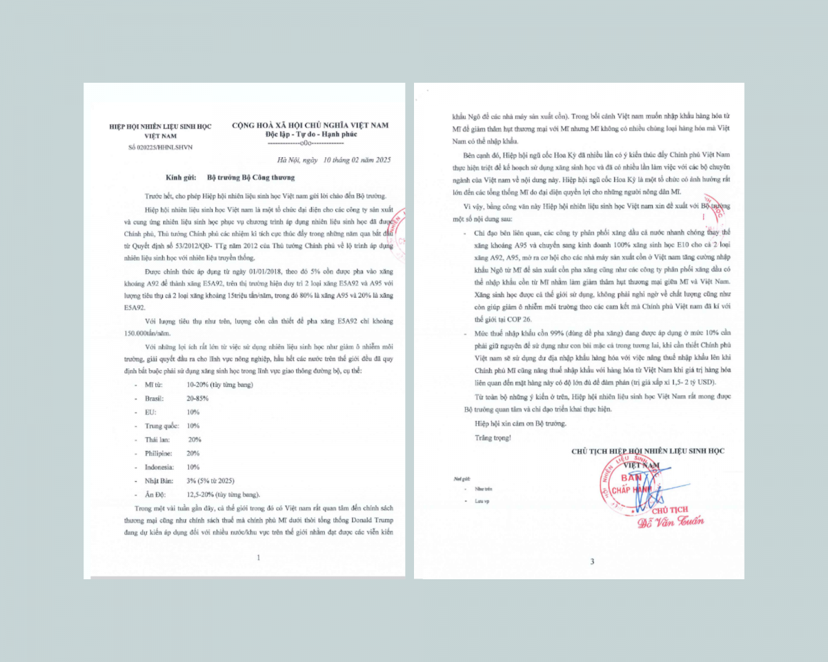 Hiệp hội Nhiên liệu sinh học Việt Nam đề xuất đẩy mạnh nhập khẩu cồn Ethanol từ Mỹ để cân bằng cán cân thương mại