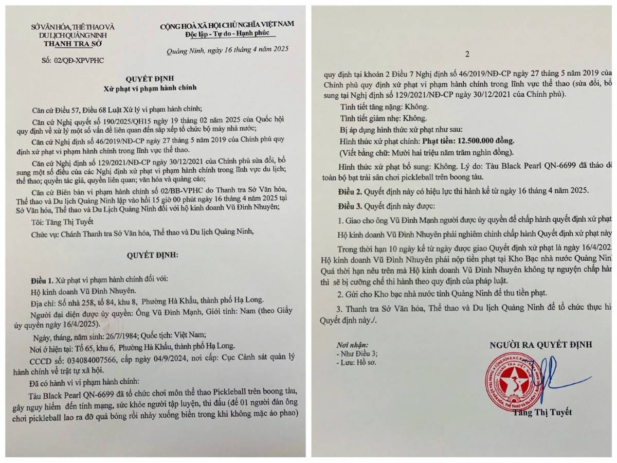 Xử phạt hành chính chủ tàu du lịch để khách chơi Pickleball trên boong tàu và bị rơi xuống biển ở vịnh Hạ Long