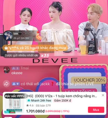 giá sản phẩm kem chống nắng InnoSkin B3 được bán trong livestream