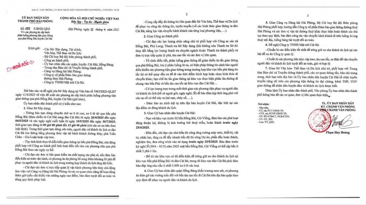 UBND TP Hải Phòng vừa có Văn bản số 882/UBND-QH2 về các phương án cấp bách phân luồng phương tiện giao thông qua phà Đồng Bài, huyện Cát Hải.