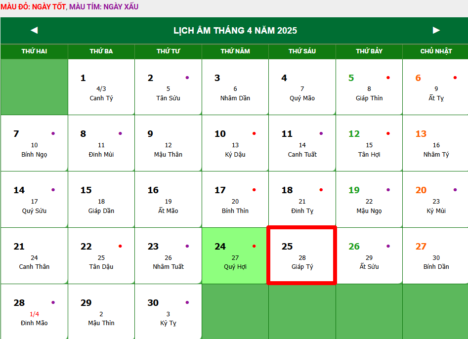 Lịch âm hôm nay 24/4/2025 - lịch vạn niên 24/4/2025 : Xem ngày tốt xấu, những việc đại sự nên làm, việc xấu nên tránh