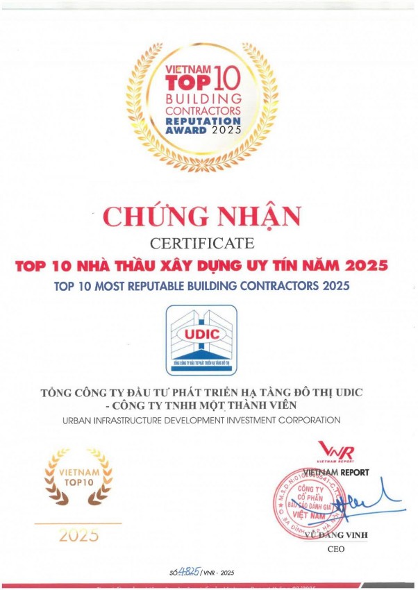 UDIC được vinh danh Top 10 nhà thầu uy tín năm 2025