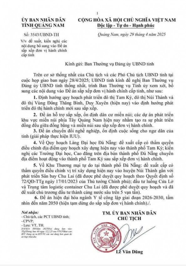 Chủ tịch UBND tỉnh Lê Văn Dũng vừa ký văn bản gửi Ban Thường vụ Đảng ủy UBND tỉnh, đề xuất, kiến nghị các nội dung bổ sung vào Đề án sắp xếp đơn vị hành chính cấp tỉnh.