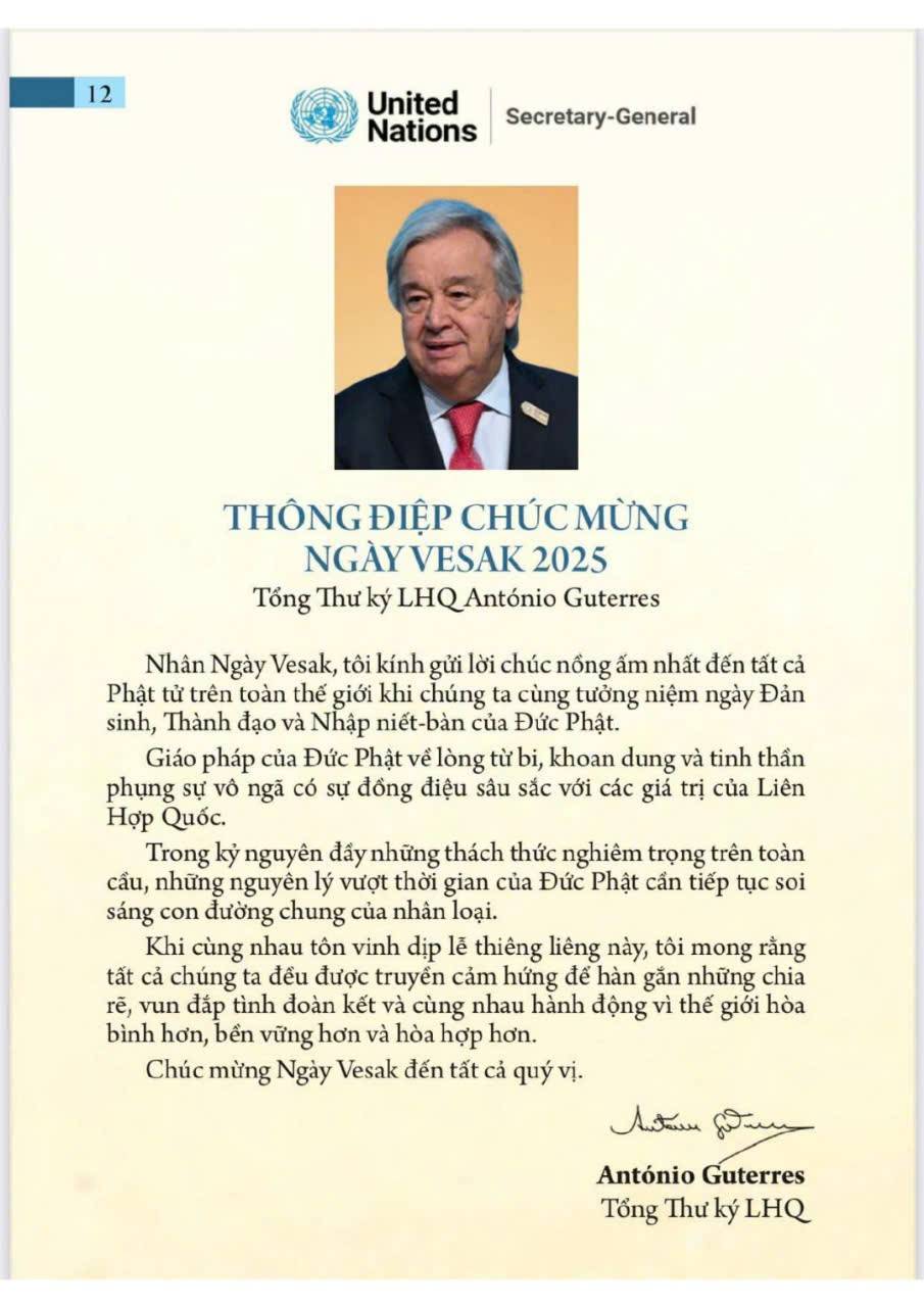 Thông điệp chúc mừng ngày Vesak 2025 của Tổng thư ký LHQ Antonio Guterres Thông điệp chúc mừng ngày Vesak 2025 của Tổng thư ký LHQ Antonio Guterres
