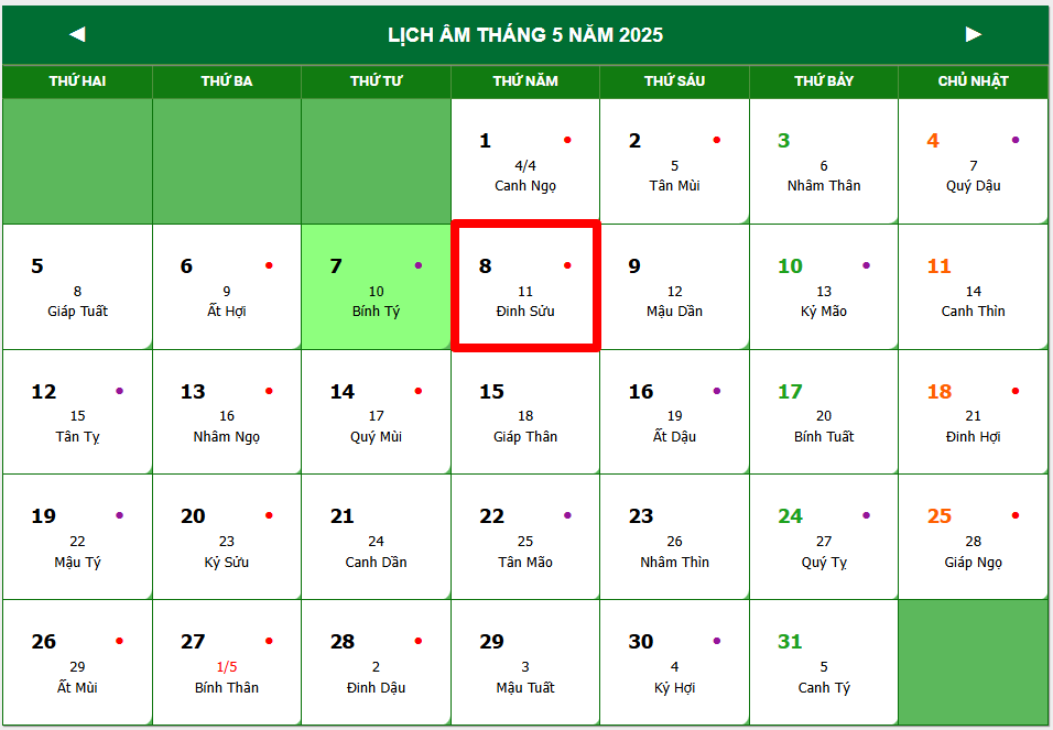 Lịch âm hôm nay 7/5 : Xem lịch âm 7/5/2025, Lịch vạn niên ngày 7 tháng 5 năm 2025