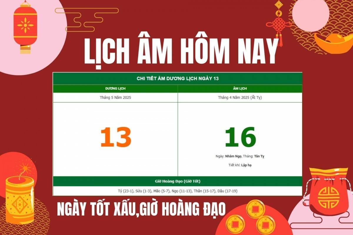 Lịch âm hôm nay ngày 13/5/2025: Xem ngày tốt xấu, việc nên và không nên làm
