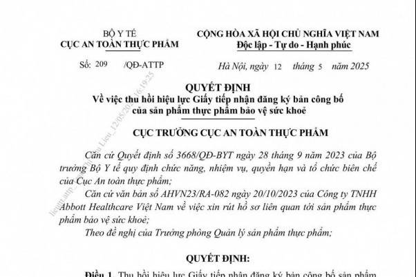 18 sản phẩm của Abbott Healthycare bị thu hồi bản công bố sản phẩm