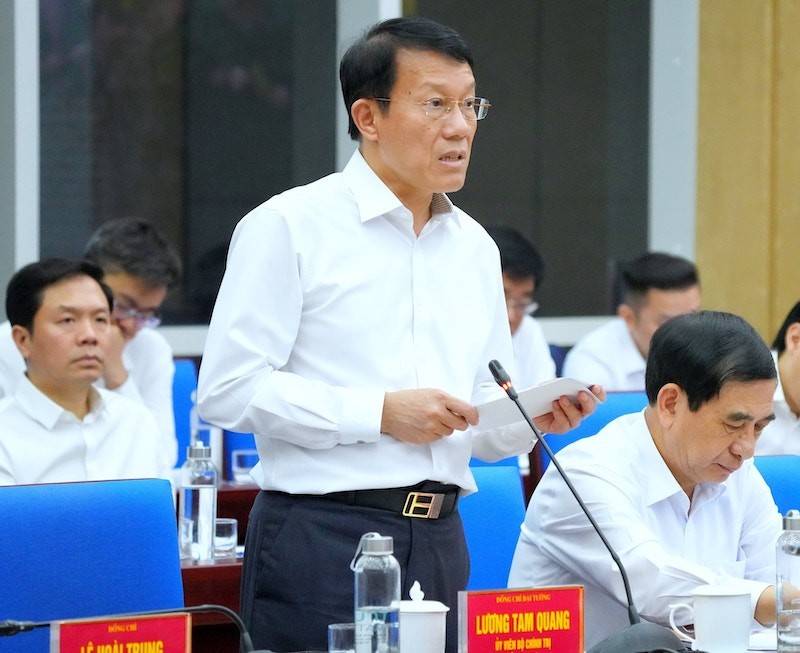 Đại tướng Lương Tam Quang - Ủy viên Bộ Chính trị, Bộ trưởng Bộ Công an phát biểu tại buổi làm việc.