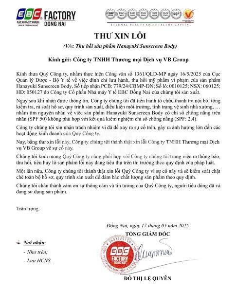 Doanh nghiệp đứng sau mỹ phẩm Hanayuki bị thu hồi: 